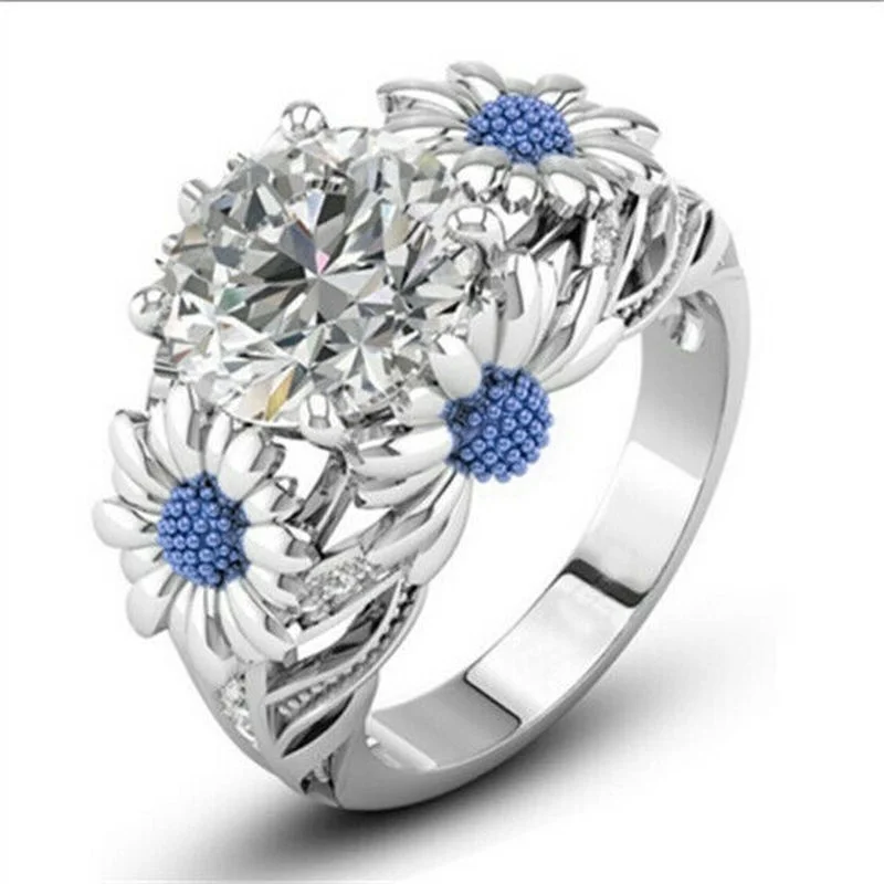 Two Tone Round White Zircon Daisy Promise Ring Silver for Women Size 6-10