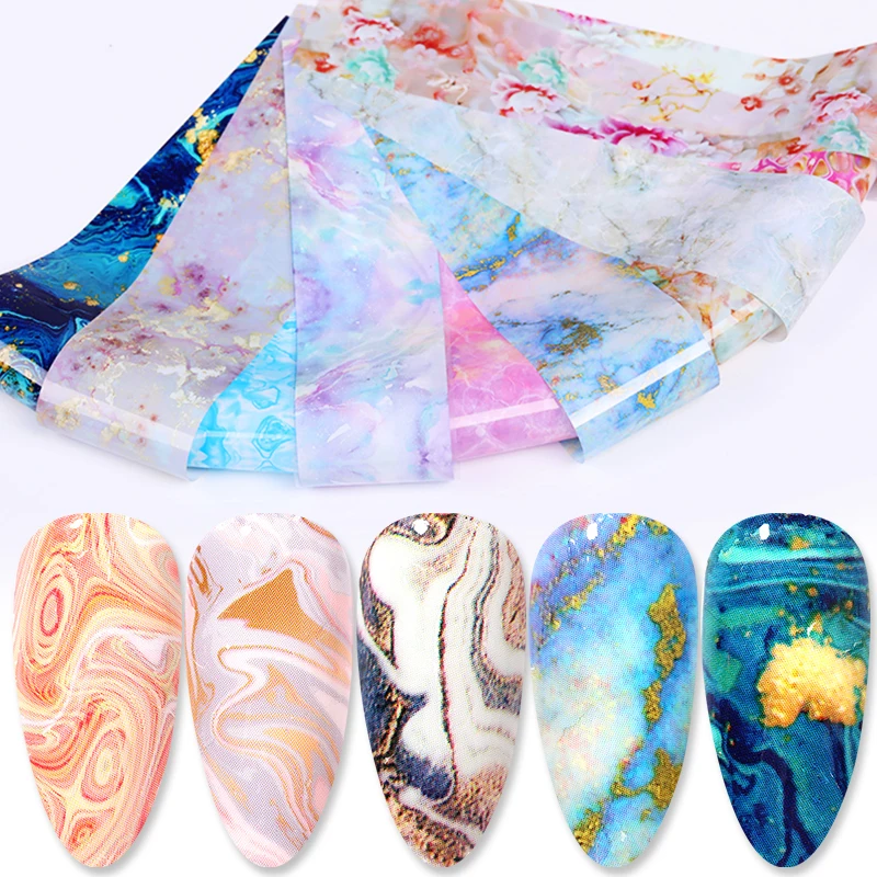 Blue Ink Marble Blooming Foil Nail Art Stickers Set With Flower Gilding Pattern Nail Transfer Decals Decorations Nail Accessorie