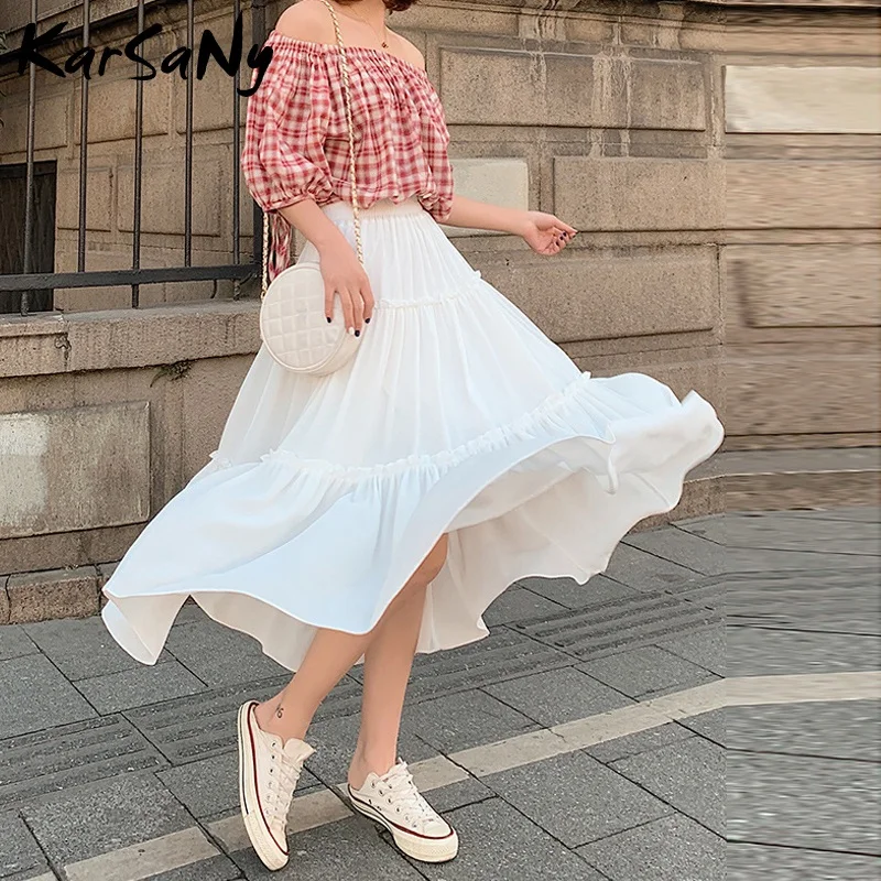 KarSaNy Black Midi Skirts For Women Summer 2021 Boho Ladies High Waist Cake Skirt Female Long White Skirt Vintage Clothing