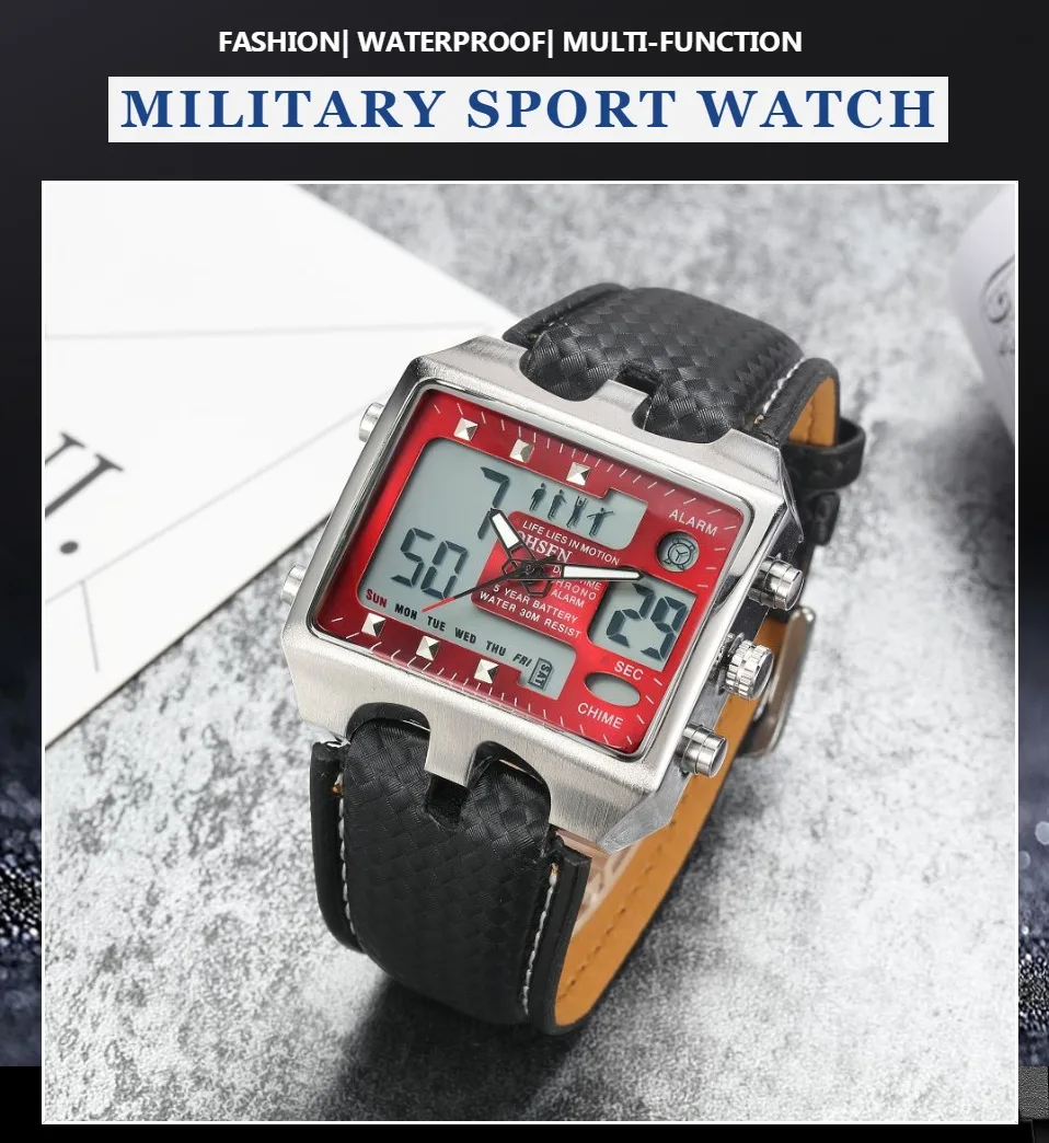 OHSEN Dual time man quartz Watch leather strap fashion Red military Men\'s Wristwatch Outdoor sport Waterproof male clock Gift