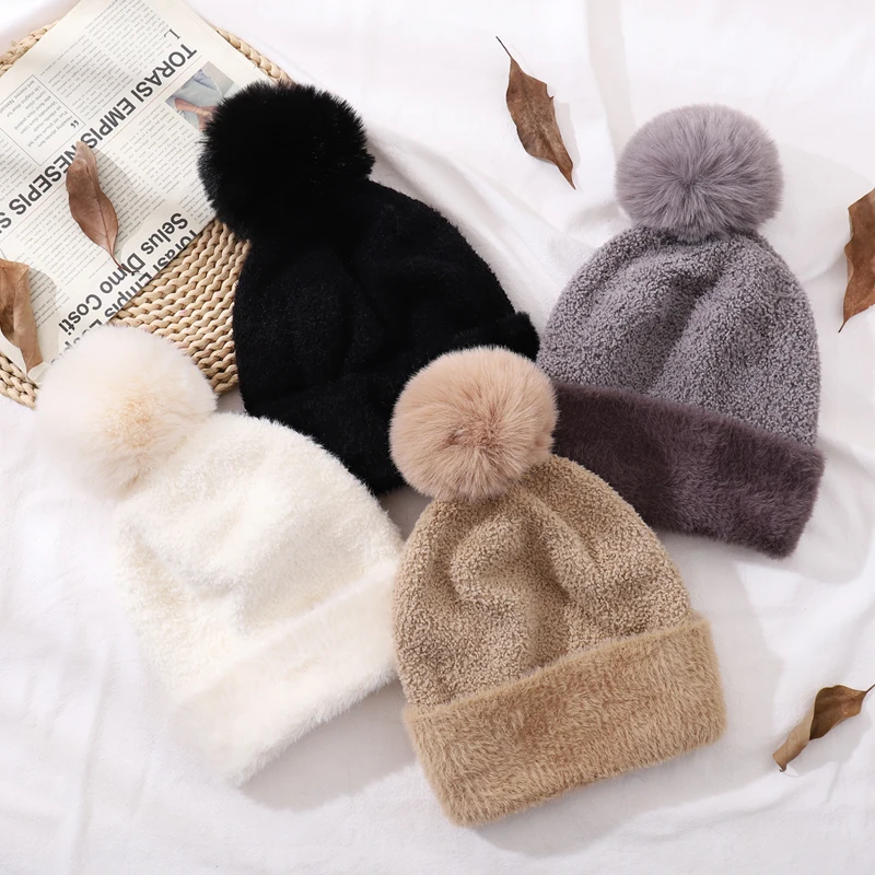 CNTANG New Women\'s Warm Double layer Lining Hat Faux Rabbit Fur Pompom Beanies Fashion Winter Fabric lamb Cap Casual Girls Hats