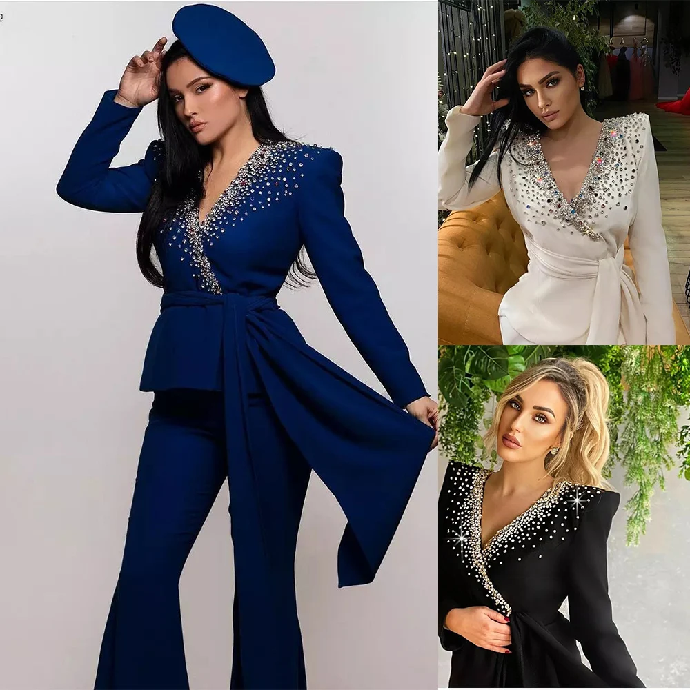 

Crystal Rhinestone Mother Of The Bride Pant Suits Evening Party Outfit Women Tuxedos For Wedding (Jacket+Pants)