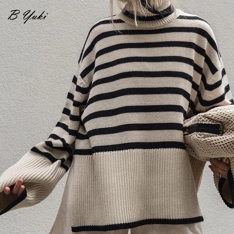 

Blessyuki Stripes Side Split Oversized Turtleneck Knitted Pullovers Sweater Women Casual Loose Splicing Contrast Sweaters Female