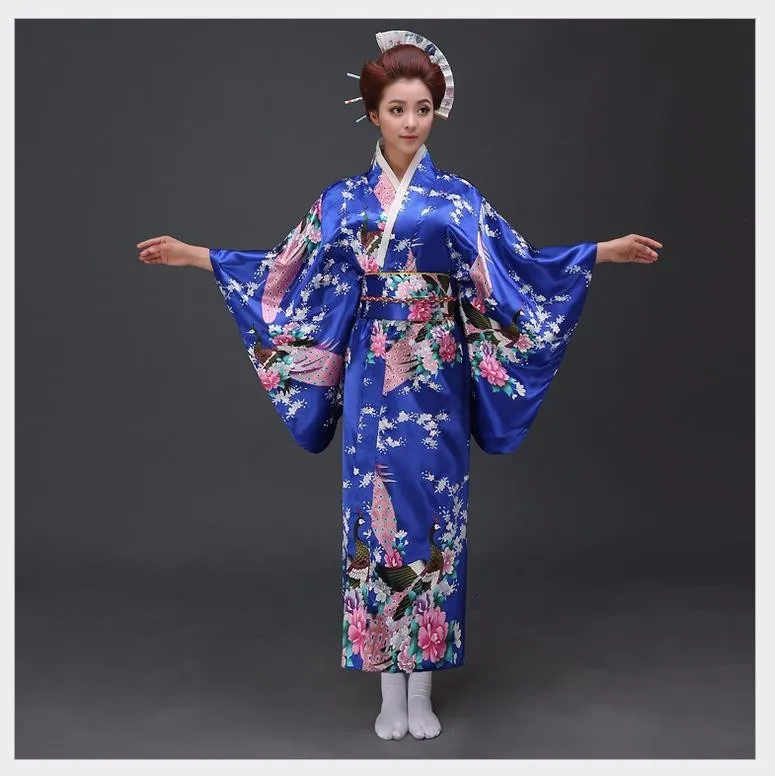 Lake Blue National Trends Women Sexy Kimono Yukata With Obi Novelty Evening Dress Japanese Cosplay Costume Floral One Size