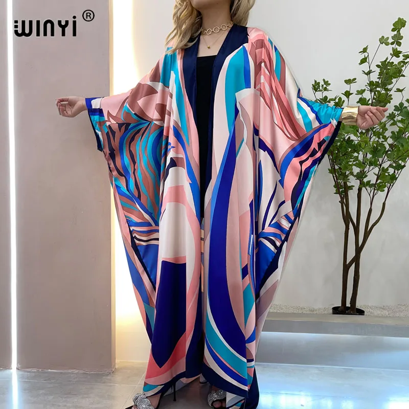 

Middle East Summer WINYI Women Cardigan Coat Loose Long Dress Cocktail Party Boho Maxi African Holiday Batwing Sleeve Silk Robe