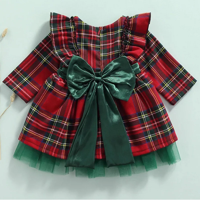 New 6M-5 Years Christmas Dress For Girls Toddler Kids Red Green Plaid Bow Dresses For Girl Xmas Party Princess Costumes Clothes