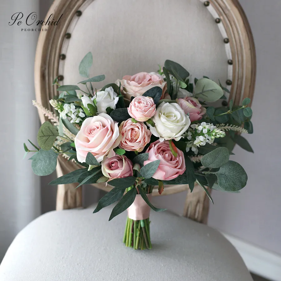 

PEORCHID Romantic Eucalyptus Rose Bride flower Bouquet Artificial Europe Style Dusty Pink Wedding Bouquets Buque De Noiva