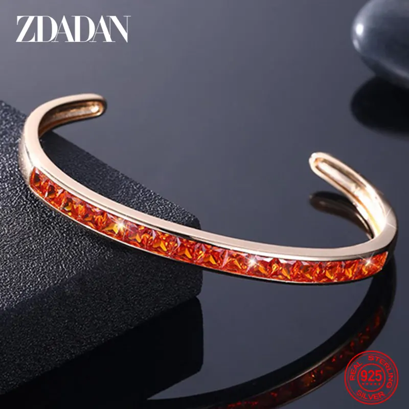 

ZDADAN 925 Sterling Silver Inlaid Gemstone Open Cuff Bracelet For Women Fashion Jewelry Wedding Party Gifts