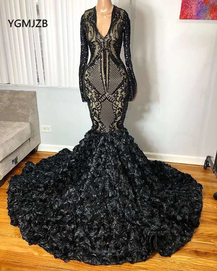 Vestidos negros de manga larga para graduación, vestido de sirena con cuello en V, lentejuelas brillantes 3D, flores africanas, Formal, de noche, 2020