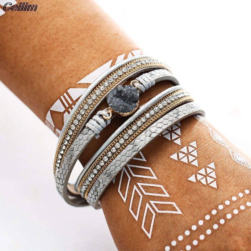 

Bohemia Multilayer Leather Bracelets For Women 2024 Fashion Boho Resin Charm Rhinestone Chain Wrap Bracelet Femme Jewelry