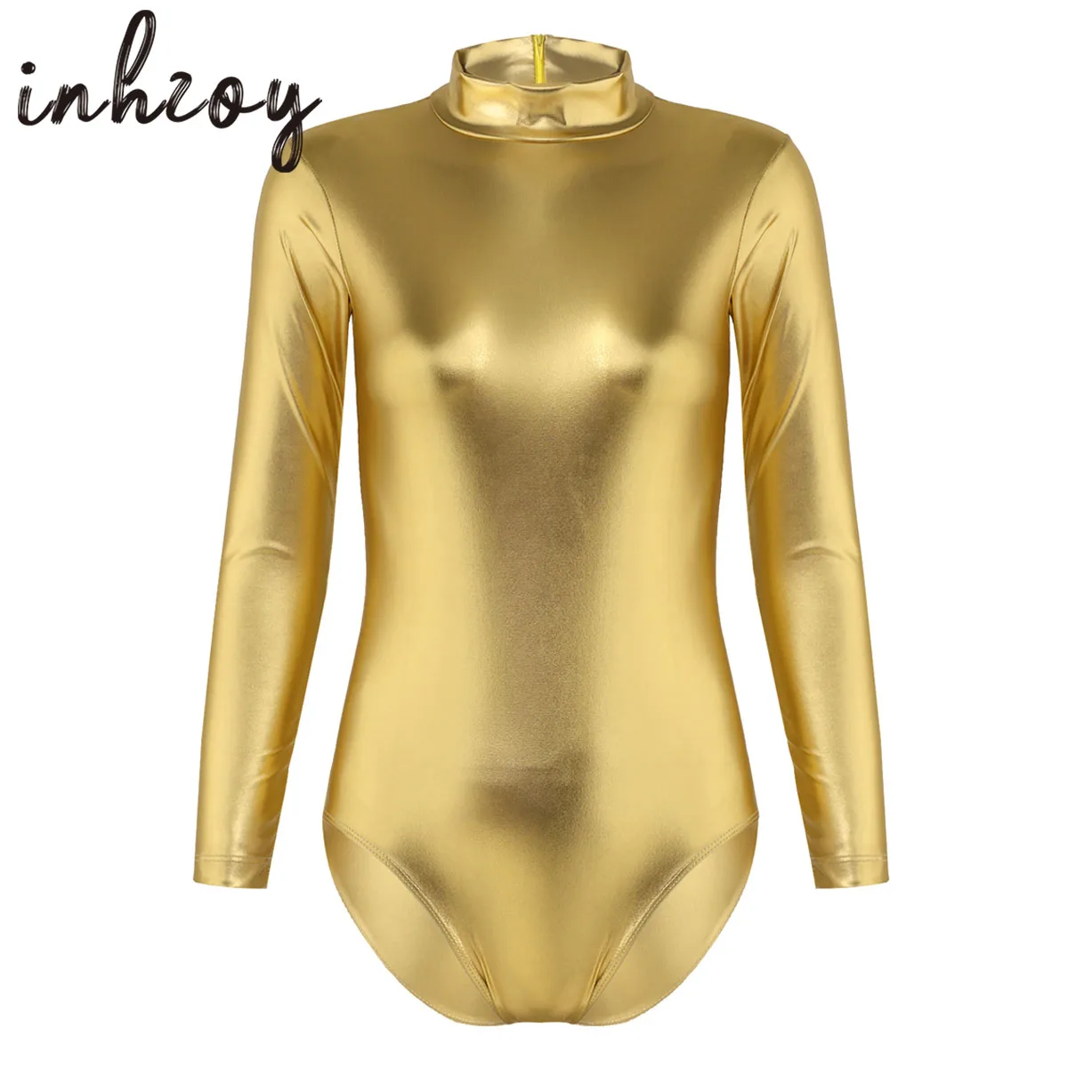 Women Metallic Dance Bodysuit Gymnastic Dancewear Leotard Ballet Dress Long Sleeve Mock Neck One-Piece Swimsuit Rave Clubwear