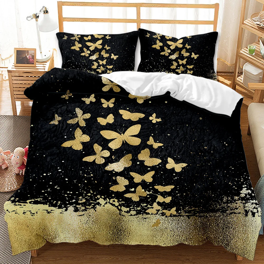 

Luxury Black Duvet Cover Gold Butterfly Bedding Set 2/3Pcs Bedclothes 3d Printed Comforter Bedding Sets For Adults Cute Bed Set