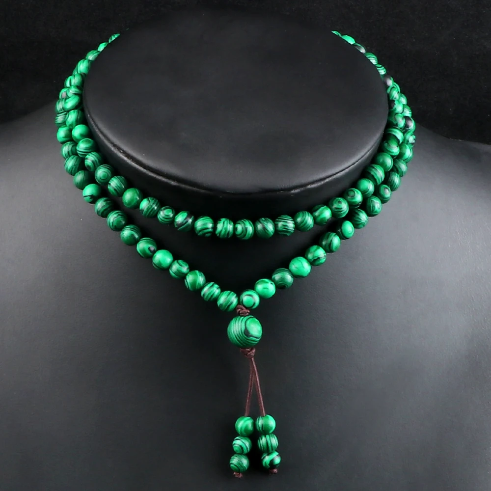 Collier de perles Malachite pour hommes et femmes, 108 Bracelets tibétains en pierre naturelle de 6mm, faits à la main, bijoux de prière enveloppés