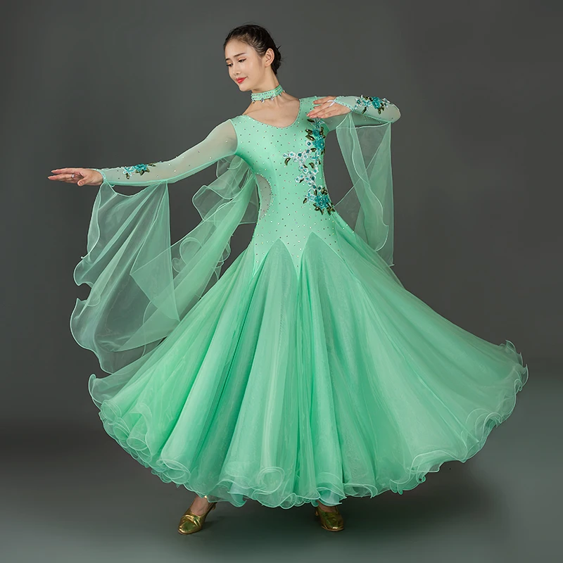 Big Swing Green Ballroom Dance Competition Dress With Rhinestones Waltz Dress Social Dance Dress Rumba Dance Costumes Ball Gown