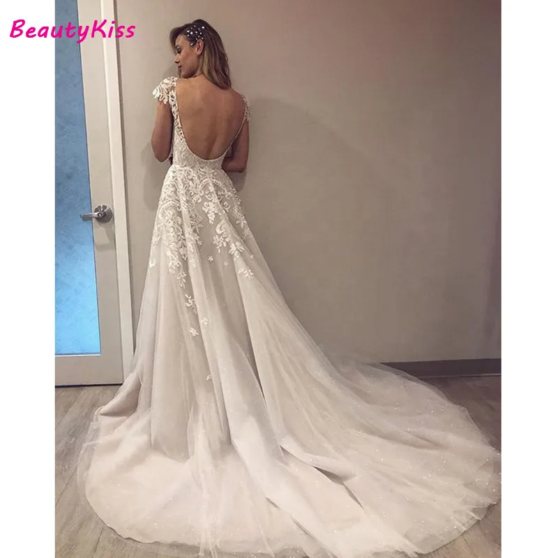 Robe De mariée Sexy en Tulle perlée, dos nu, décolleté plongeant en v, avec des Appliques