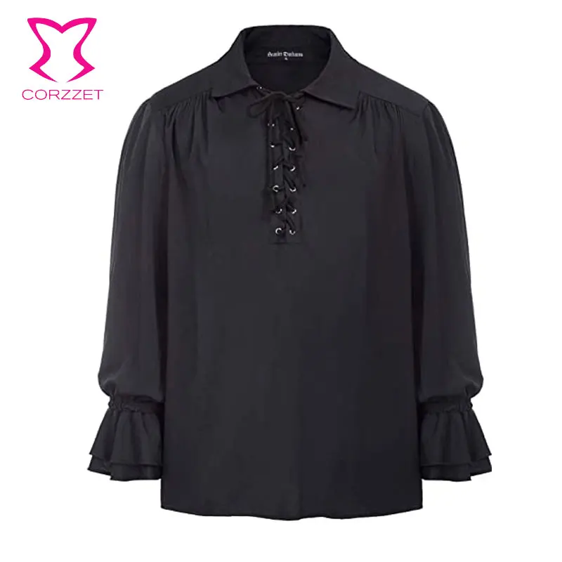 Black/White Blouse Men Long Sleeve Shirt Lapel Puff Sleeves With Ribbon Spring/Autumn Ladies Solid Loose Boyfriend Style Shirt