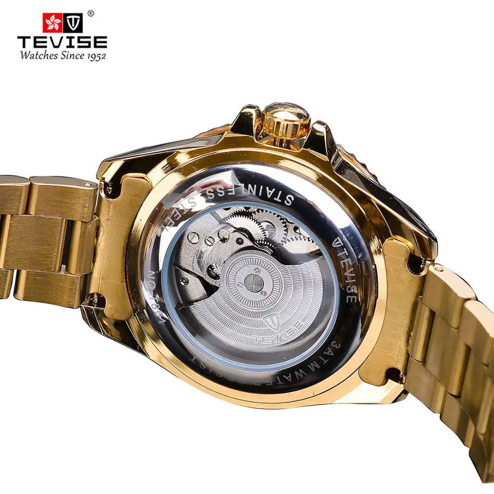 TEVISE Luxury Calendar Gold Waterproof Stainless Steel Men Automatic Mechanical Business Fashion Wrist Watch Luminous Date Clock