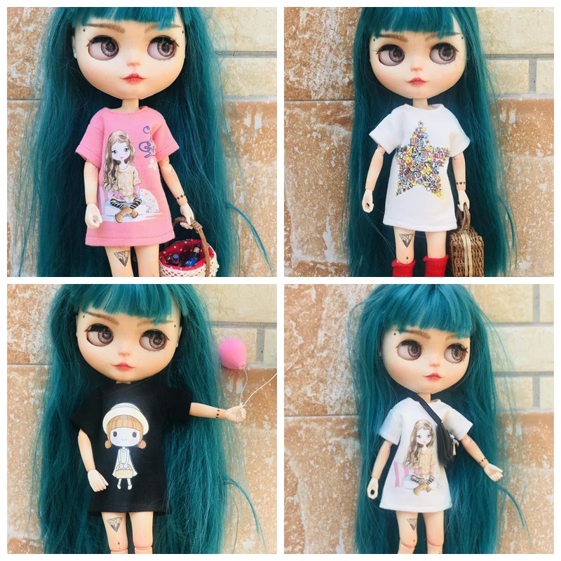 Classic Blyth Doll’s Clothes Fashion Long T-shirt White/Black  Printed Tops  for 1/6  Licca Dolls Accessories