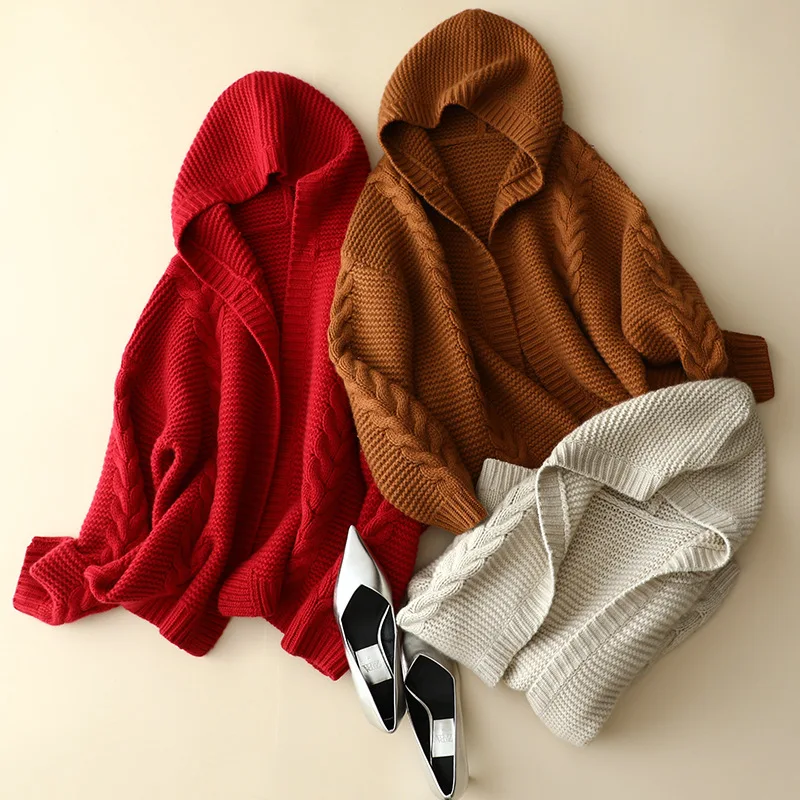 winter chunky cashmere wool hooded sweaters women\'s luxury cable knit thick outerwear