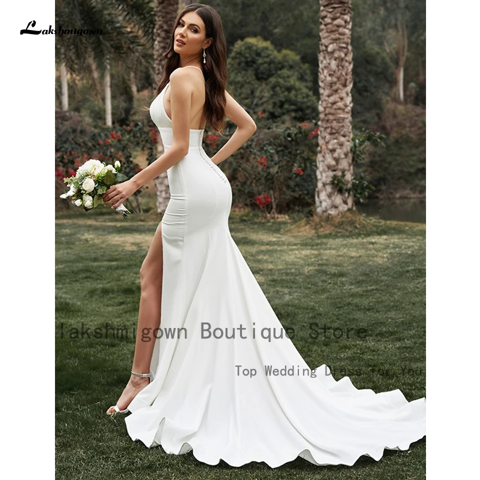 Lakshmigown Einfache Meerjungfrau Hochzeit Kleid Side Split Bürger Empfang Kleid für Braut 2022 Boho Strand Hochzeit Kleider Open Back