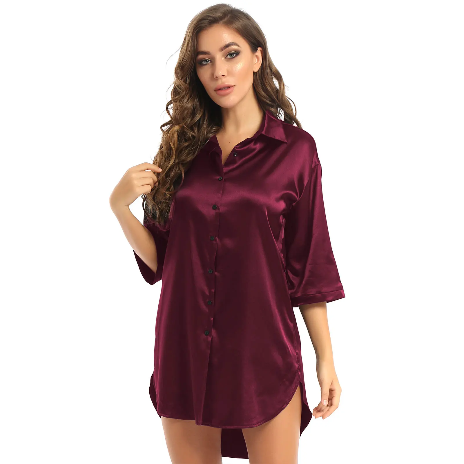 Elegant Women Satin Pajamas Sexy Onesie Polo Shirts Top Nightshirt Buttons Down Night Gown Dress Solid Ice Silk Robe Shirt Sleep