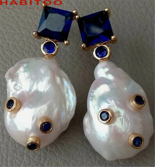 Unique Natural 15x23mm White Cultured Baroque Keshi Pearl Blue Ruby Stud Earrings for Women Pearl Jewelry Gift