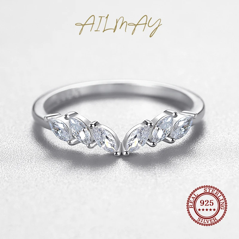 Ailmay 925 Sterling Silver Stackable Zirconia CZ Ring Simple Geometric Design Wing Finger Ring Fine Female Fashion Jewelry