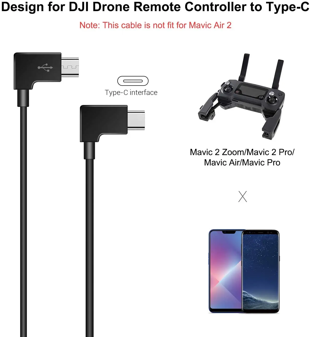 Kabel danych Micro USB do typu C 11,8 cala 90-stopniowy kabel do transmisji danych wideo dla DJI Mavic 2 Zoom/Mavic 2 Pro/Mavic Air/Mavic Air 2/Mavic — zdjęcie produktu 2
