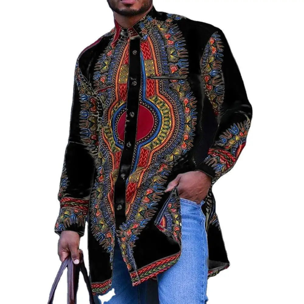 Autumn and Spring Fashion Style African Men Printing Polyester Plus Size Shirts M-4XL