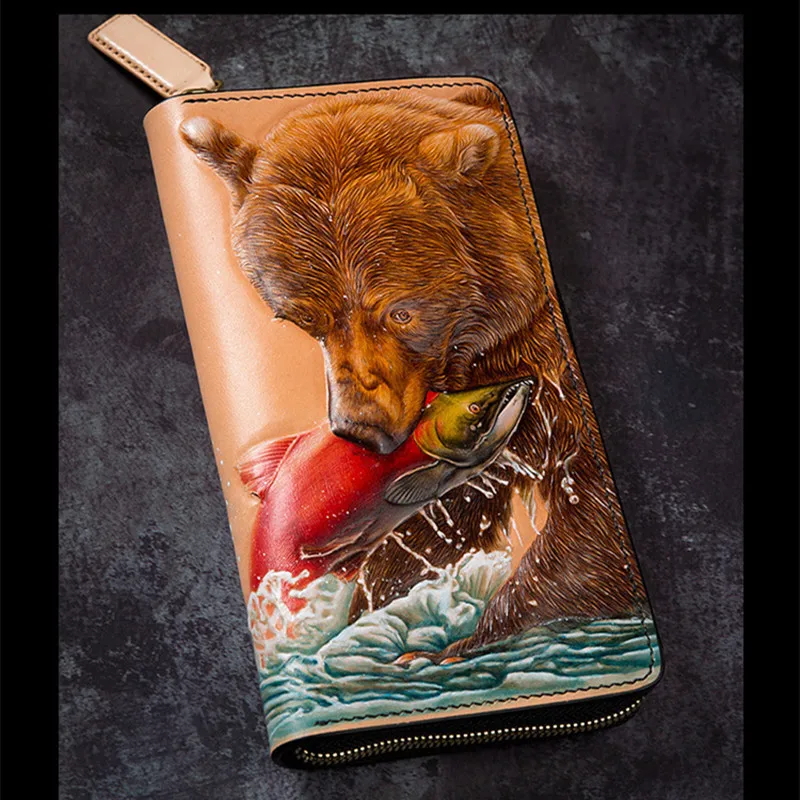 Handmade Women Genuine Leather Wallets Carving Animal Purses Men Long Clutch Vegetable Tanned Leather Wallet Card Holder