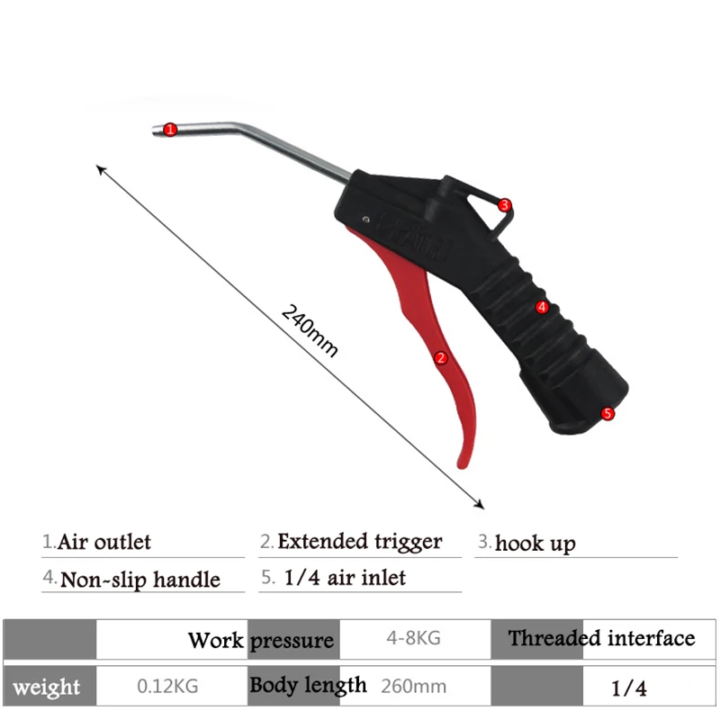 Pneumatic Blow Air Tool Metal Bent Tube Nozzle Red Air Blow Dust Gun 1/4