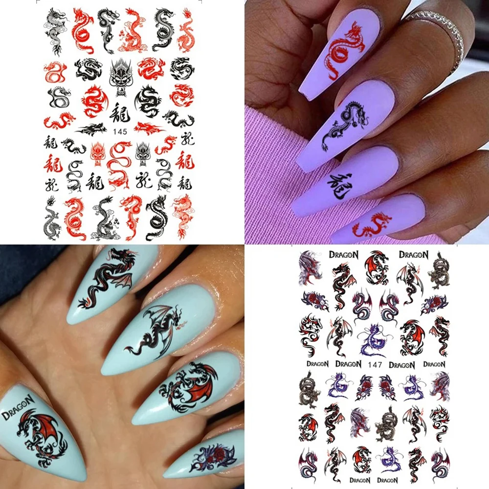 Nails Art Decoration Slider Self Adhesive Dragon Snake 3D Black Gothic Style Nail Stickers