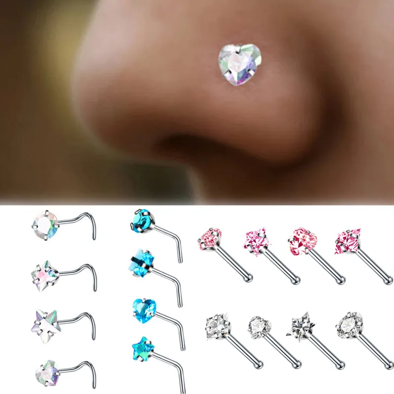 4PCS/Set Surgical Steel Heart Nose Ring Set Real Star L Shape Nose Stud Set Square Nose Rings And Studs Bulk Piercing Nariz Lote