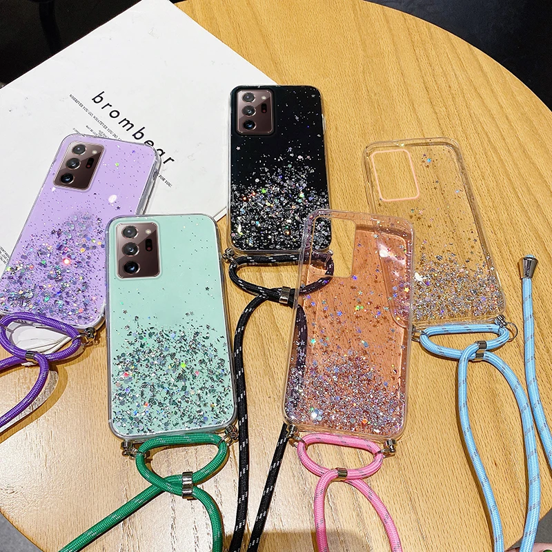 Luxury Bling Glitter Lanyard Silicone Phone Case For Samsung Galaxy S24 S23 S22 S21 S20 Note 20 Plus Ultra-thin Necklace Cover