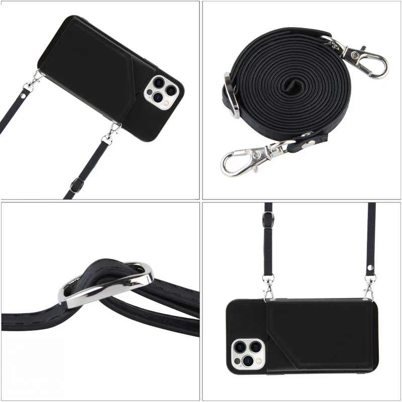 Wallet Case for iPhone 16 15 14 13 12 11 Pro Max Mini X XS Strap Card Slots Shockproof PU Leather Stand Crossbody Necklace Cover - Image 4