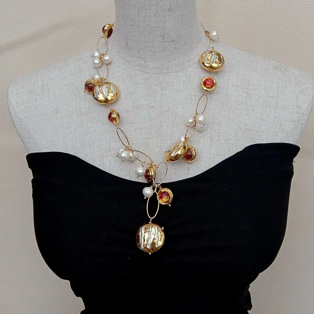 Y.YING Freshwater Cultured White Biwa Pearl Brown Murano Glass Chain Pearl Y-Drop Necklace 21\