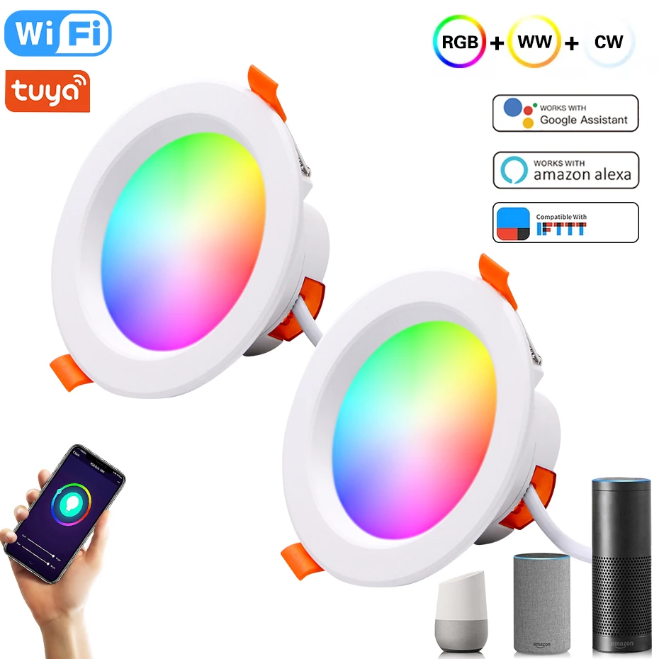 Luz LED de techo inteligente con Wifi, lámpara regulable RGB + CW + WW, foco, 110V, 220V, Control por voz con Alexa y Google Home, Tuya