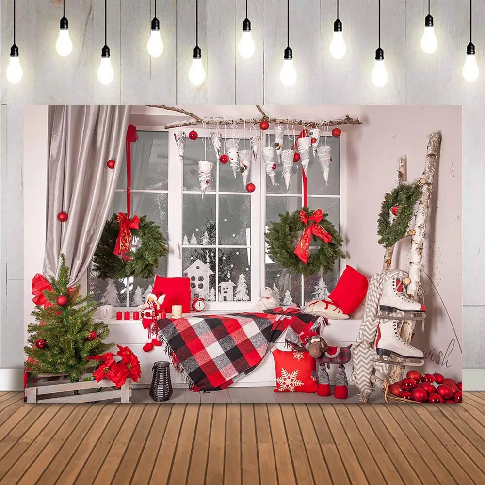 Windows Christmas photography backdrop Christmas tree Red Merry Christmas party decoration curtraint Skates photocall wreath