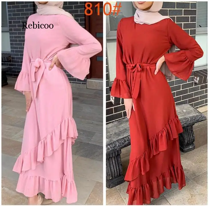 

Elegant Women Ruffle Long Maxi Dress Abaya Dubai Kaftan Islamic Jilbab Robe Gown Arab Dubai Dresses Draped Design Flare Sleeve