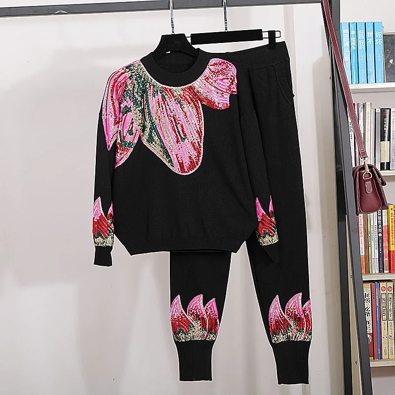 2020 Spring autumn women's leisure suit high quality sequins embroidery sweaters+casual knitted pants two piece set B548