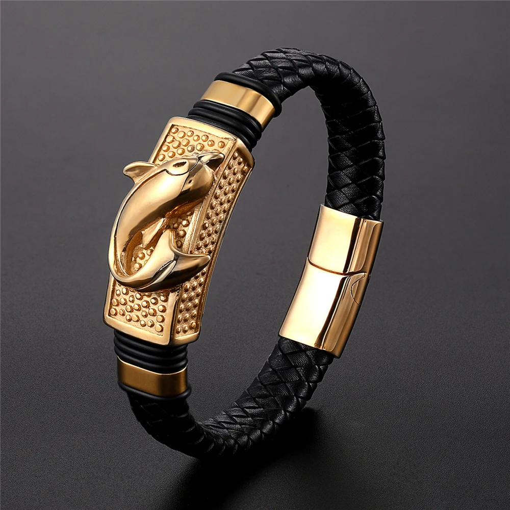 2003 New High Quality Genuine Leather Bracelet Easy Hook Totem Dolphin Crocodile Pattern Luxury Jewelry Birthday Wishes Gift