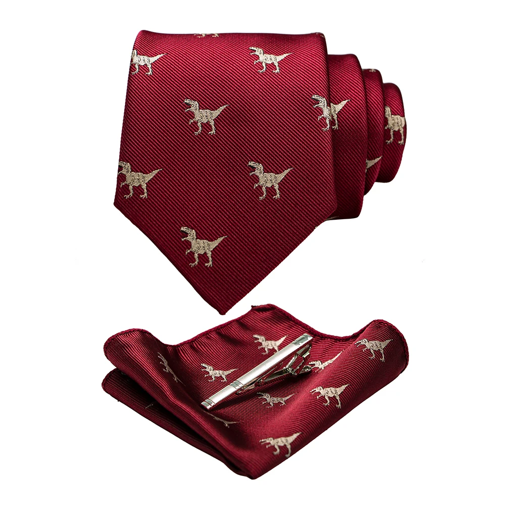 JEMYGINS 18 Styles Mens Wedding Tie Dinosaur Pattern 8cm silk Necktie pocket square handkerchief set Ties For Men business party