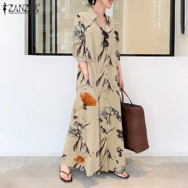 2023 ZANZEA Women Shirt Dress Autumn Lapel Neck Long Sleeve Maxi Sundress Elegant Office Work Solid Long Vestidos  