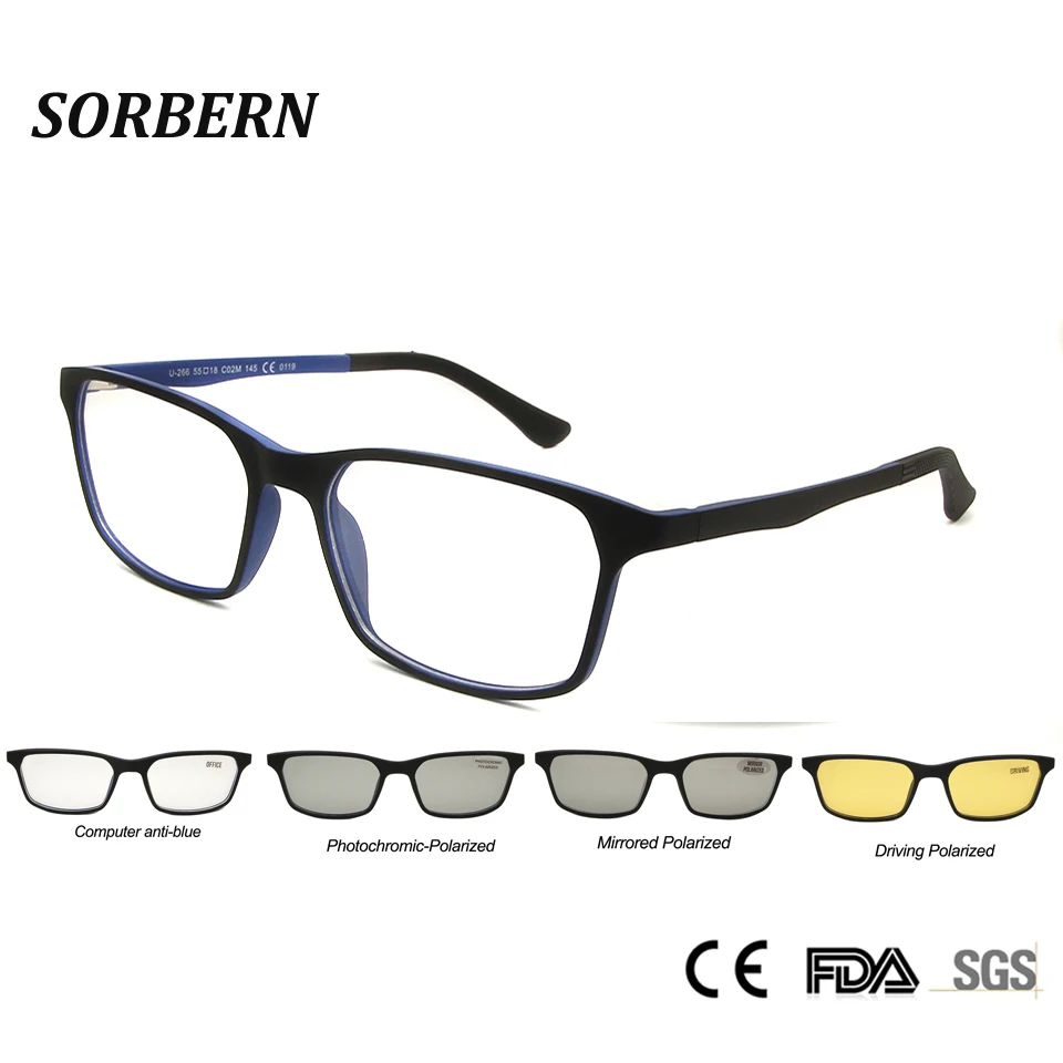 

SORBERN Ultem Clip On Sunglasses Polarized Lens Men Women Magnetic Clip Optical Frames Computer Anti Blue Eyewear Night Vision