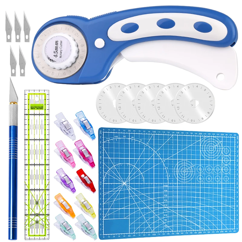 KAOBUY 45 mm Rotary Cutter Set-Fabric Cutter with Bag A4 Self Healing Cutting Mat Blades and Craft Knife Clip for Quilting