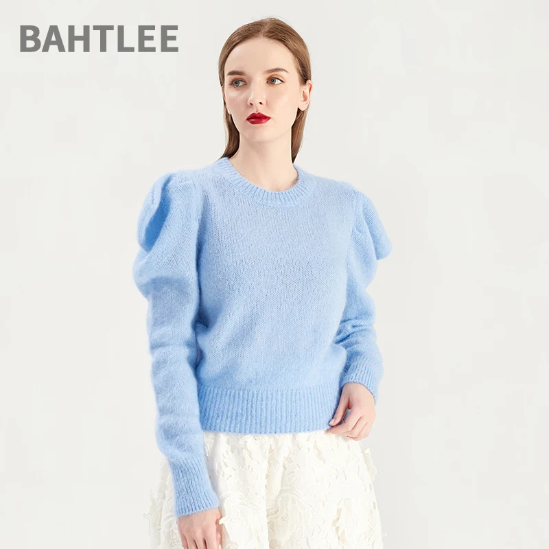 BAHTLEE-Women's Mohair Short Knitted Pullover, O-Neck Sweater, Ruched Long Sleeves, Wool Jumper, Loose Style, Autumn, Winter