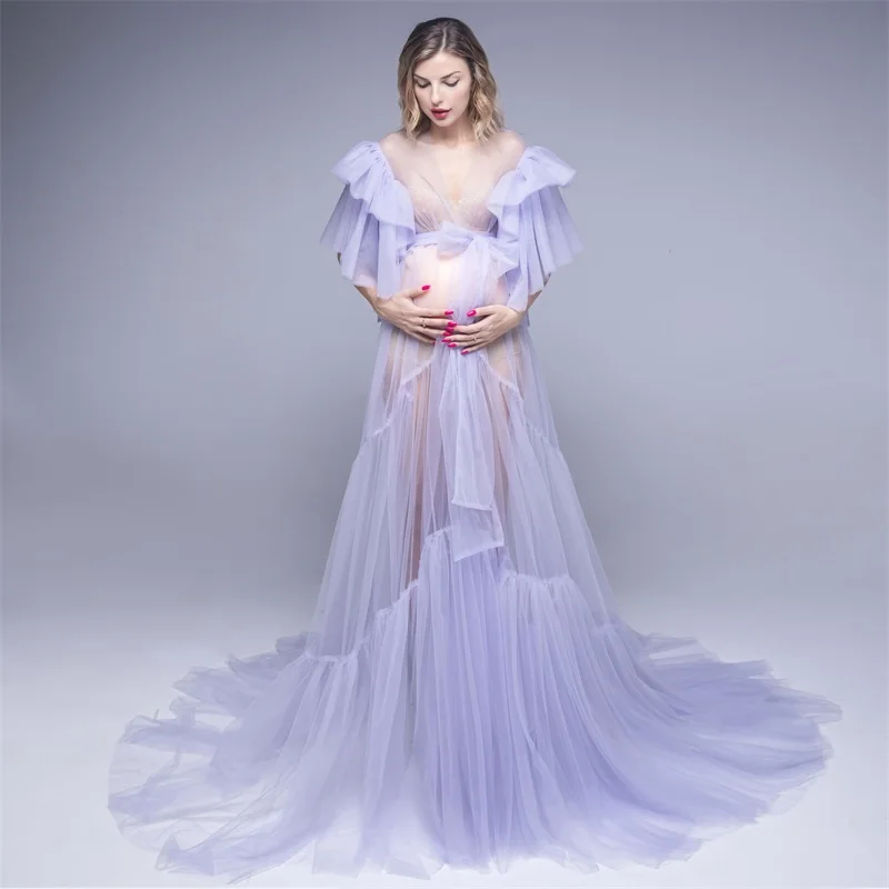 Dreamy Purple Pregnant Women Robe Photography Sleepwear Custom Made Puffy Tulle Dress Real Image Maternity Photoshoot Bathrobe