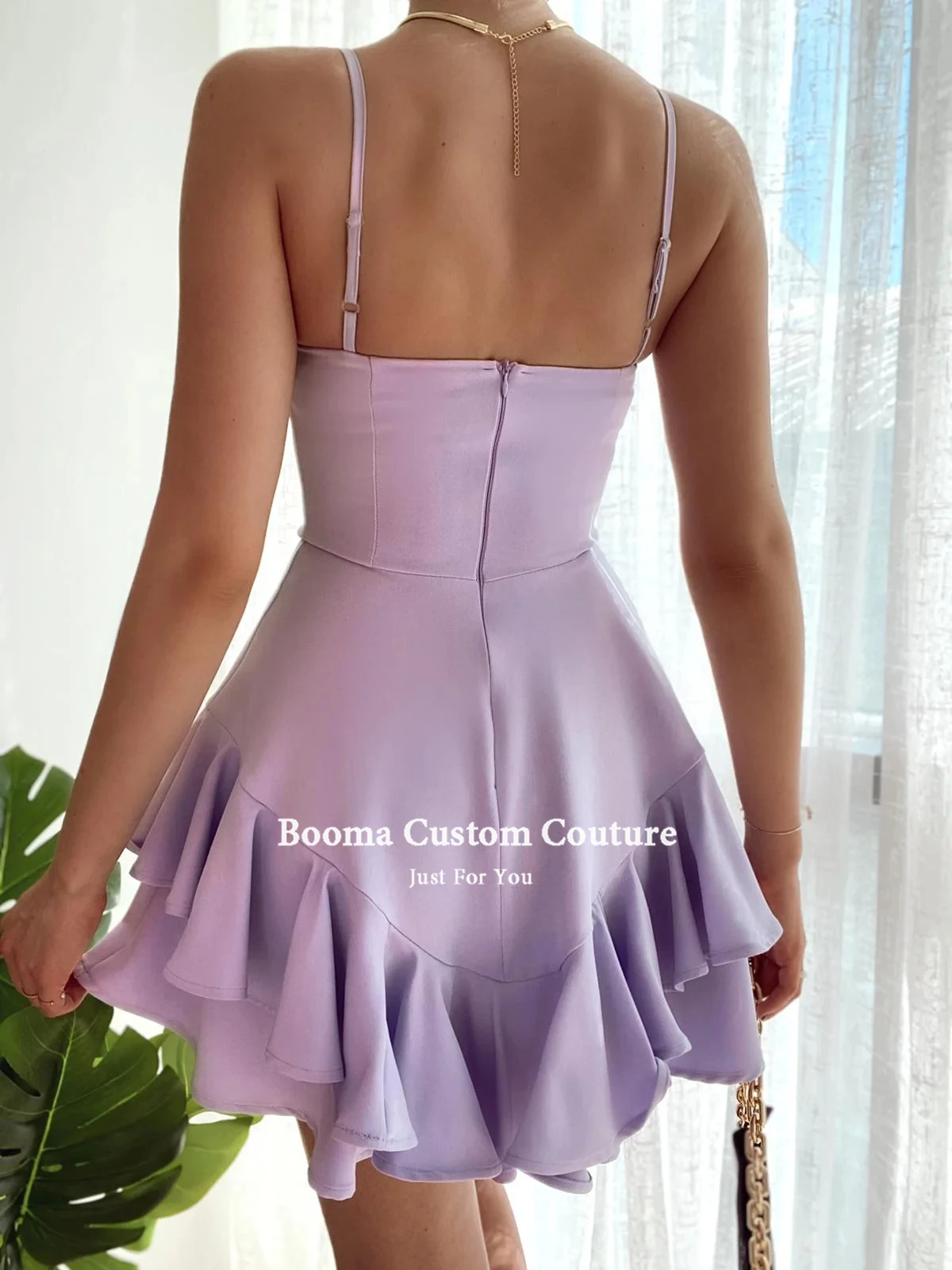 Booma Lavender Mini suknie balowe paski Spaghetti Ruffles powyżej kolana satynowe sukienki na powrót do domu Clubbing krótkie sukienki ukończenia szkoły