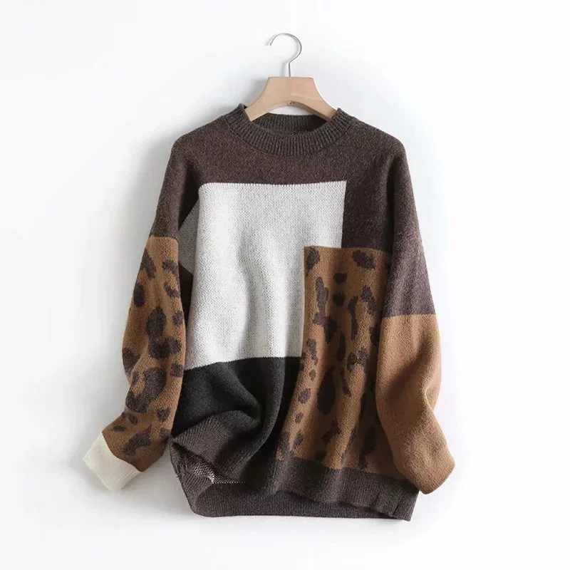 2023 Women Leopard Sweater And Pullovers O-Neck Long Sleeve Vintage Knitted Women Sweater Autumn Pullovers Tricot Pull Femme