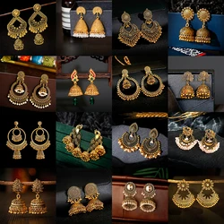 Bohemia Retro Gold Color Earrings Alloy Tassel Beads Pearl Bell Ear Stud for Women Peacock Style Indian Jewelry Jhumka Jhumki